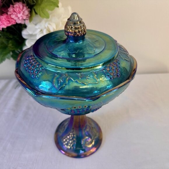 Vintage Blue Carnival Glass Compote with Lid Grape Pattern Iridescent Luster Fin - Picture 3 of 5